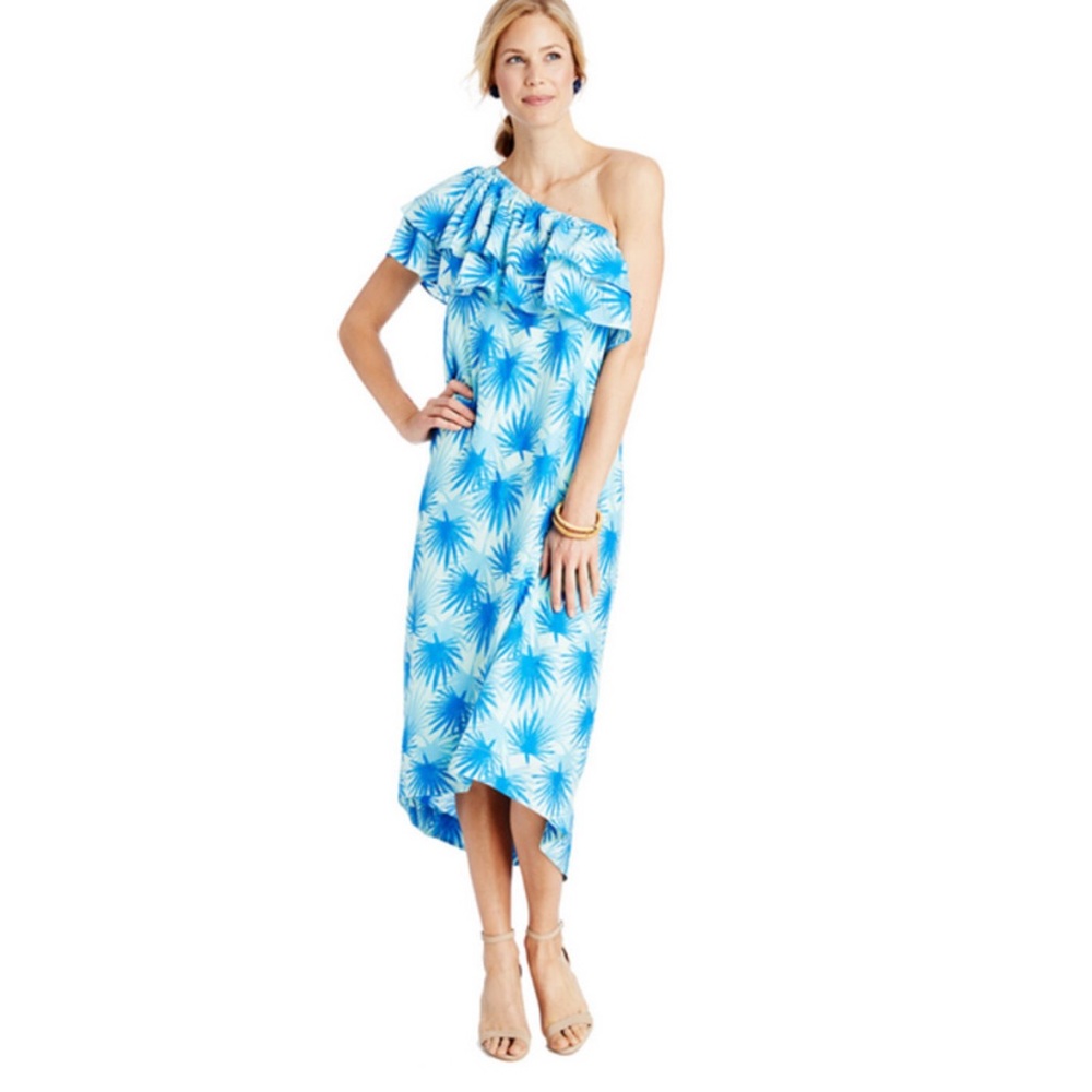 Vineyard Vines Electric Palm Leaf Ruffled One Shoulder High-Low Maxi Dress 4